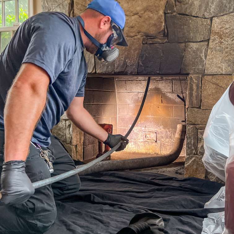 Certified chimney technician sweeping a chimney in Warwick